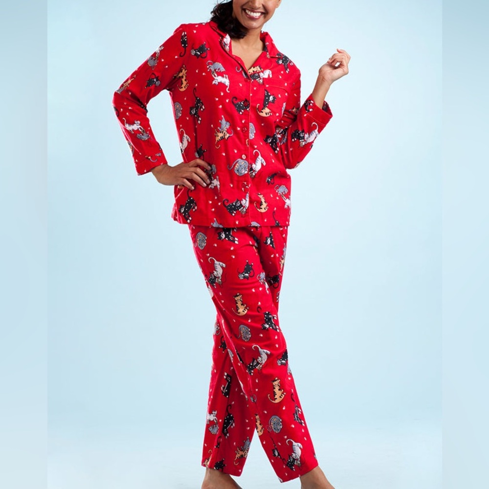 La Cera Red Flannel Cat Print Pajama Set, Cartoon Intimates & Sleepwear - Size L